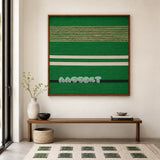Endless Flow SQ012 green white black and soft cotton cord fiber wall art above a slim wood console in a minimalist entryway