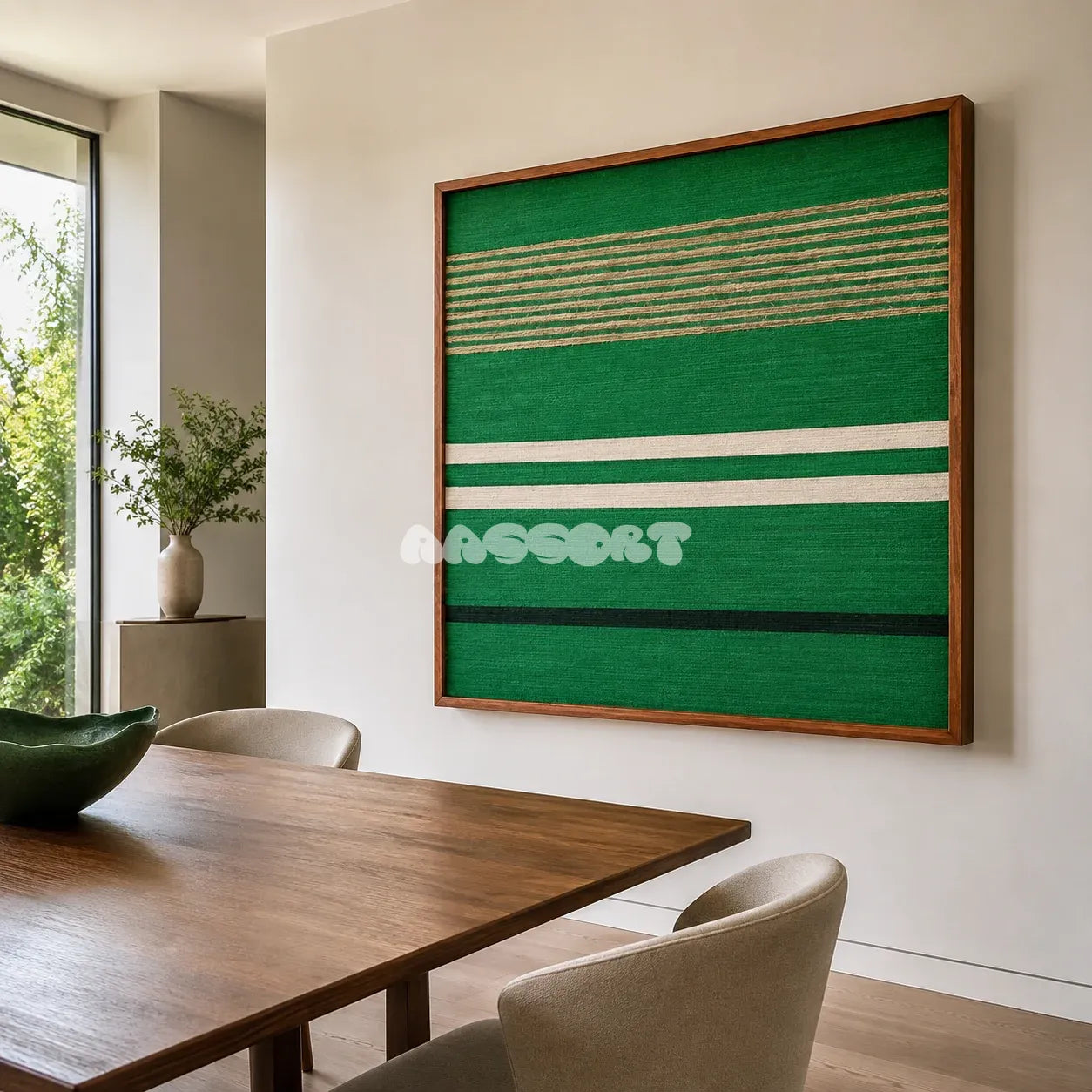 Endless Flow SQ012 green white black and soft cotton cord fiber wall art beside a walnut table in a bright modern dining room
