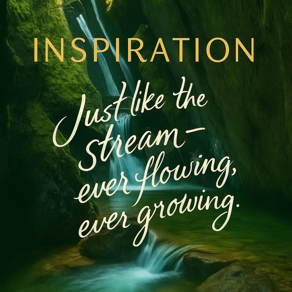 Inspiration graphic for Endless Flow SQ012 featuring a green waterfall and the quote Just like the stream ever flowing ever growing