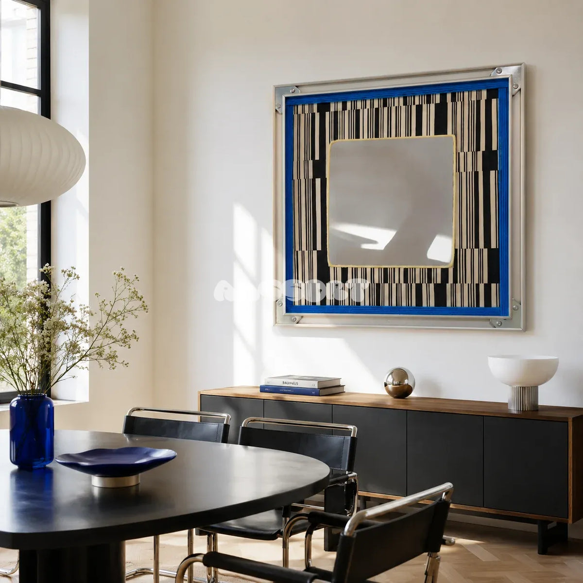 Inception SQ016 framed textile mirror art with black-and-white yarnwork displayed in a sunlit dining room