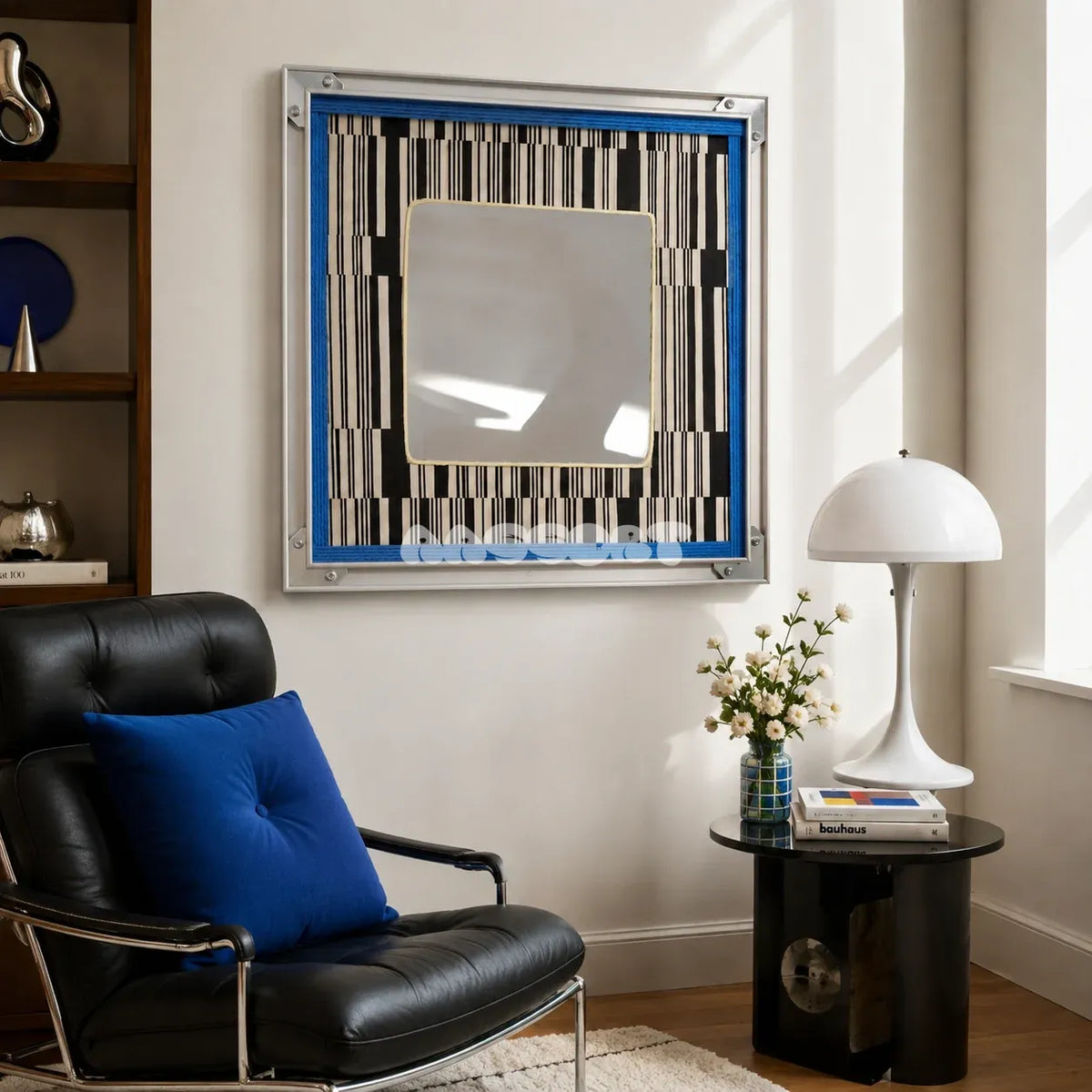 Inception SQ016 framed textile mirror art above a black leather chair in a bright reading corner