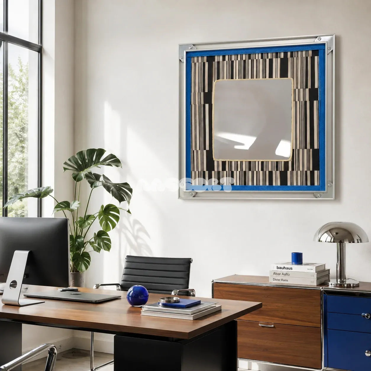 Inception SQ016 framed textile mirror art with a blue border hanging above a modern home office desk
