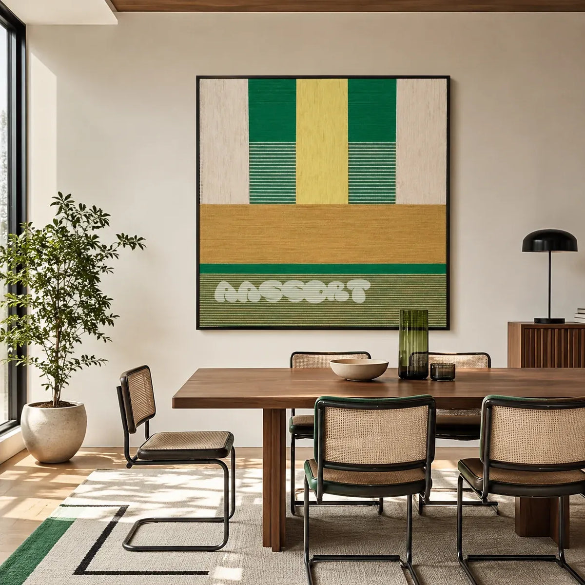 Wheat Field SQ017 green, yellow and beige framed textile art above a walnut table in a bright dining room
