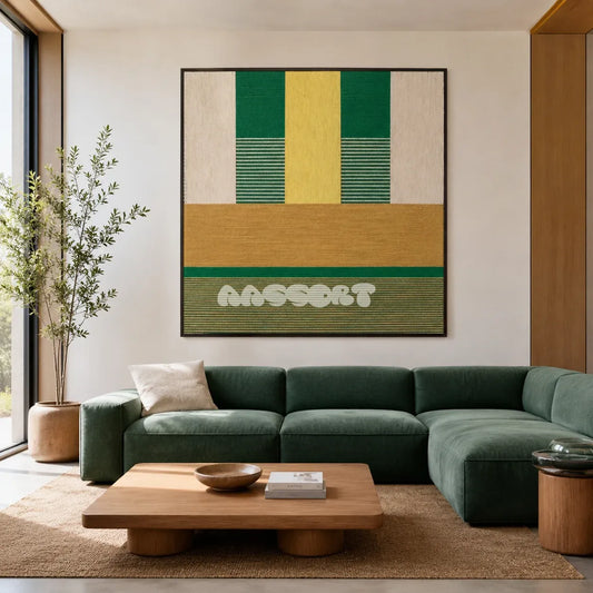 Wheat Field SQ017 green, yellow and beige framed textile art above a green sectional sofa in a modern living room