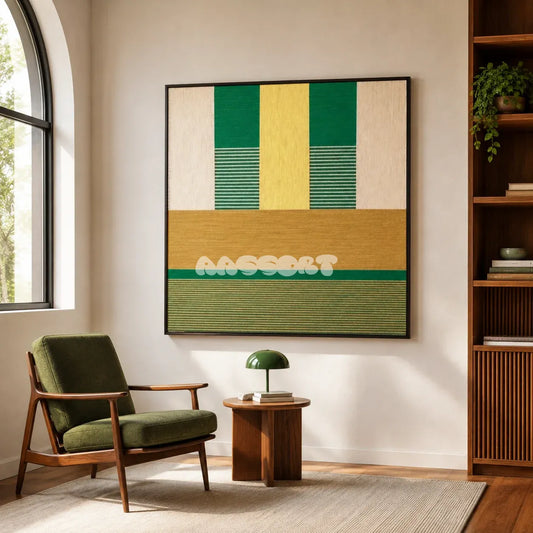 Wheat Field SQ017 green and yellow framed textile art in a sunlit mid-century reading corner
