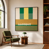 Wheat Field SQ017 green and yellow framed textile art in a sunlit mid-century reading corner