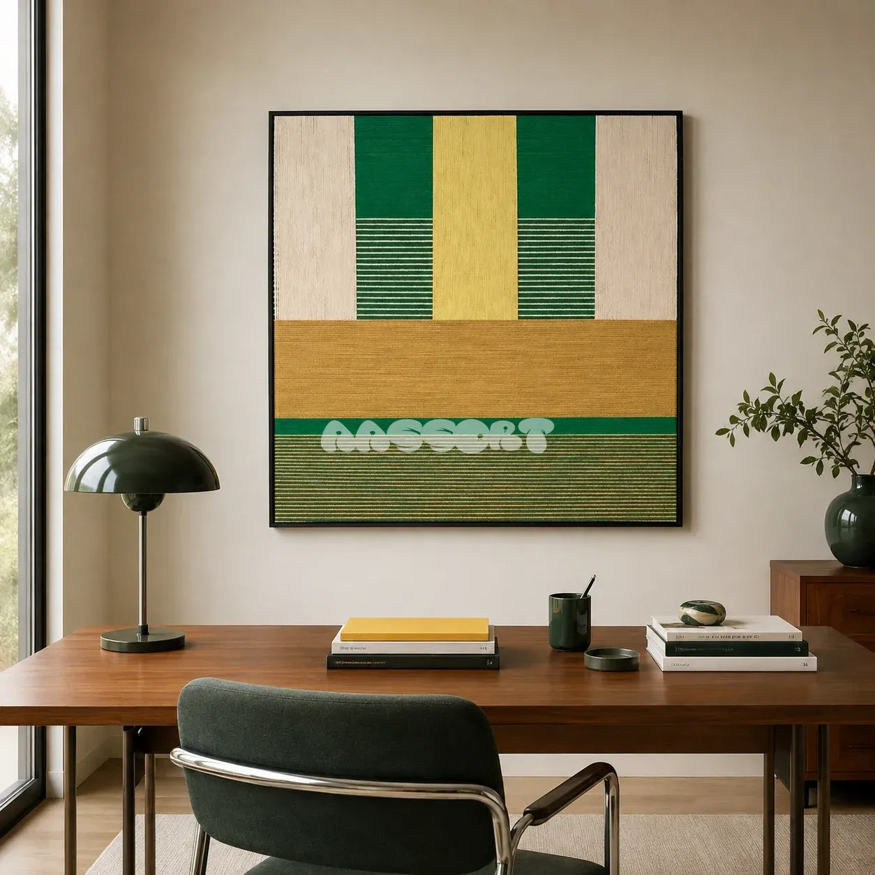 Wheat Field SQ017 framed textile art displayed above a walnut desk in a green-accented home office