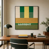 Wheat Field SQ017 framed textile art displayed above a walnut desk in a green-accented home office