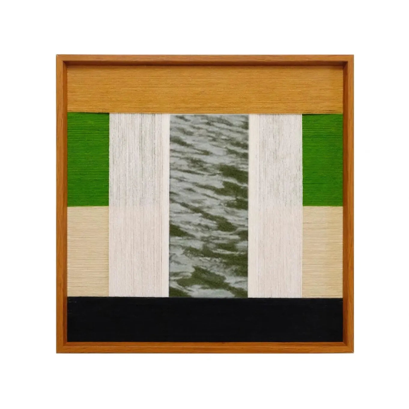 Front view of Pastoral Elegance SQ018 framed textile mirror art with green, beige, white and black yarn panels