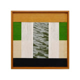 Front view of Pastoral Elegance SQ018 framed textile mirror art with green, beige, white and black yarn panels
