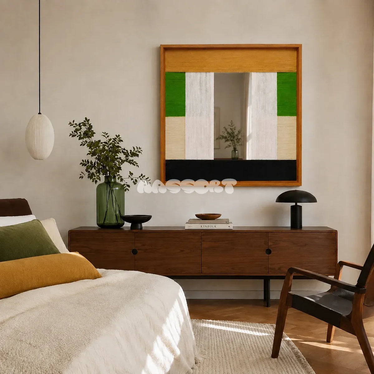 Pastoral Elegance SQ018 green and beige textile mirror art displayed above a walnut dresser in a warm bedroom