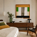 Pastoral Elegance SQ018 green and beige textile mirror art displayed above a walnut dresser in a warm bedroom