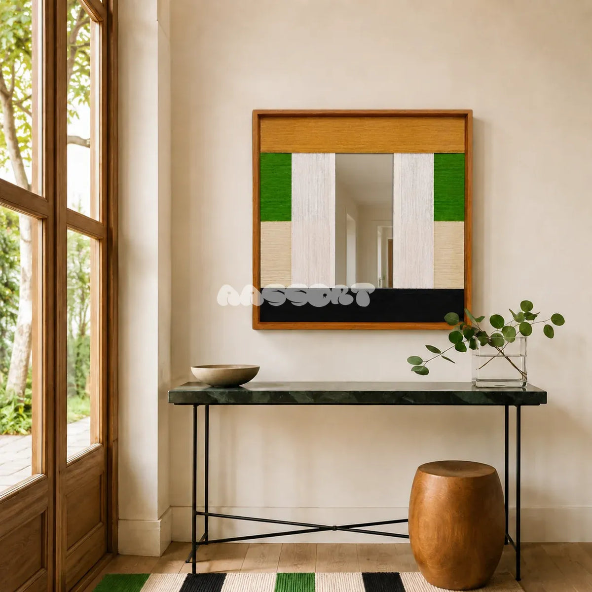 Pastoral Elegance SQ018 green and beige textile mirror art above a slim green console in a bright entryway