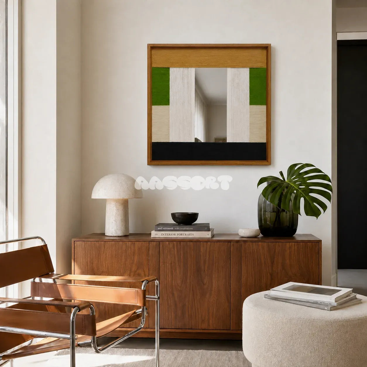 Pastoral Elegance SQ018 framed textile mirror art above a walnut cabinet in a lounge with a tan leather chair