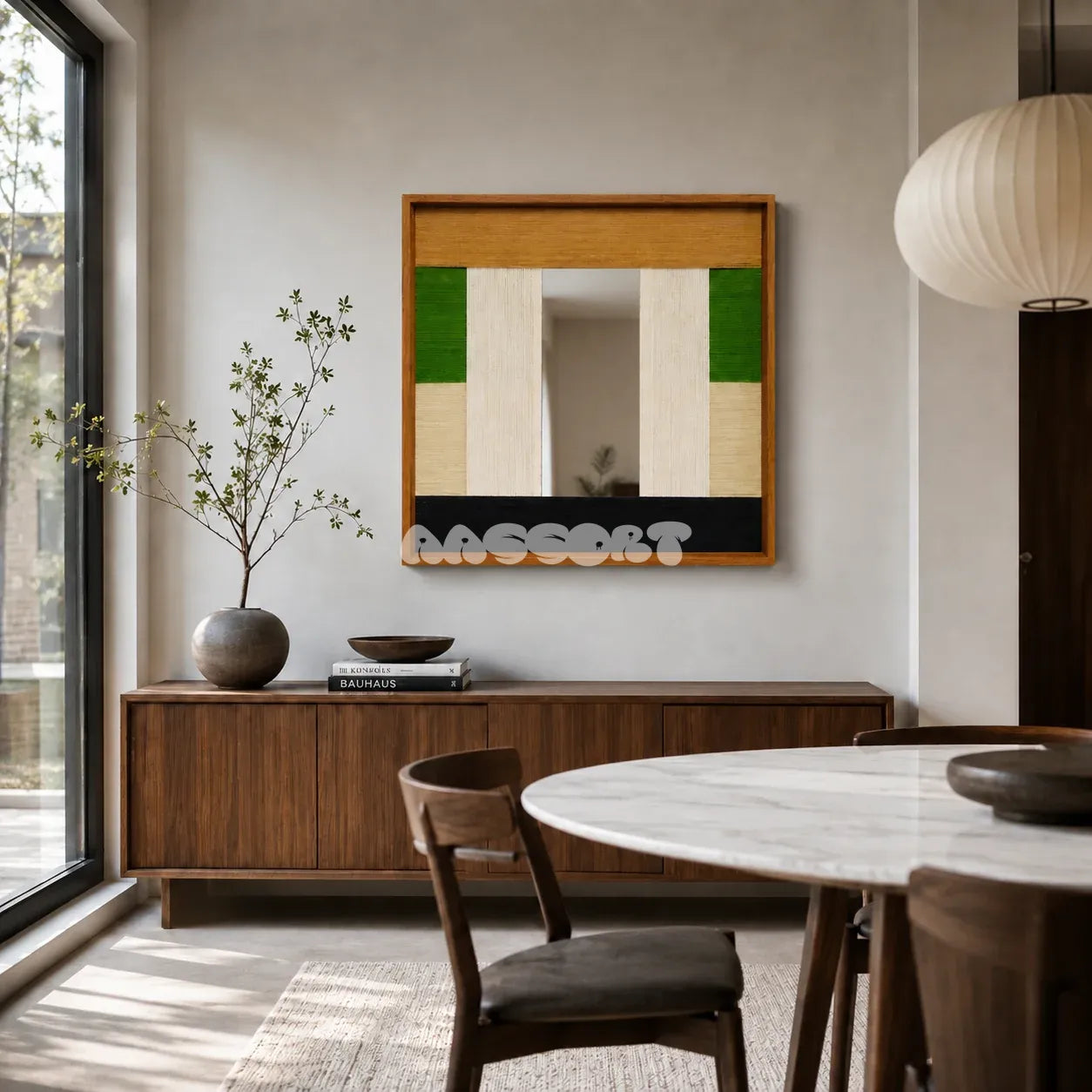 Pastoral Elegance SQ018 framed textile mirror art above a walnut sideboard in a sunlit dining room