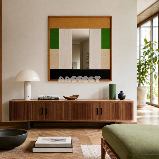 Pastoral Elegance SQ018 green, beige and black textile mirror art above a walnut sideboard in a modern living room