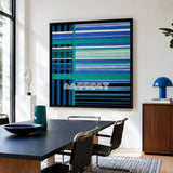 Blues Harmony SQ019 blue and teal framed yarn art above a black table in a bright modern dining room