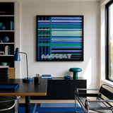 Blues Harmony SQ019 framed geometric yarn art displayed in a blue-accented modern home office