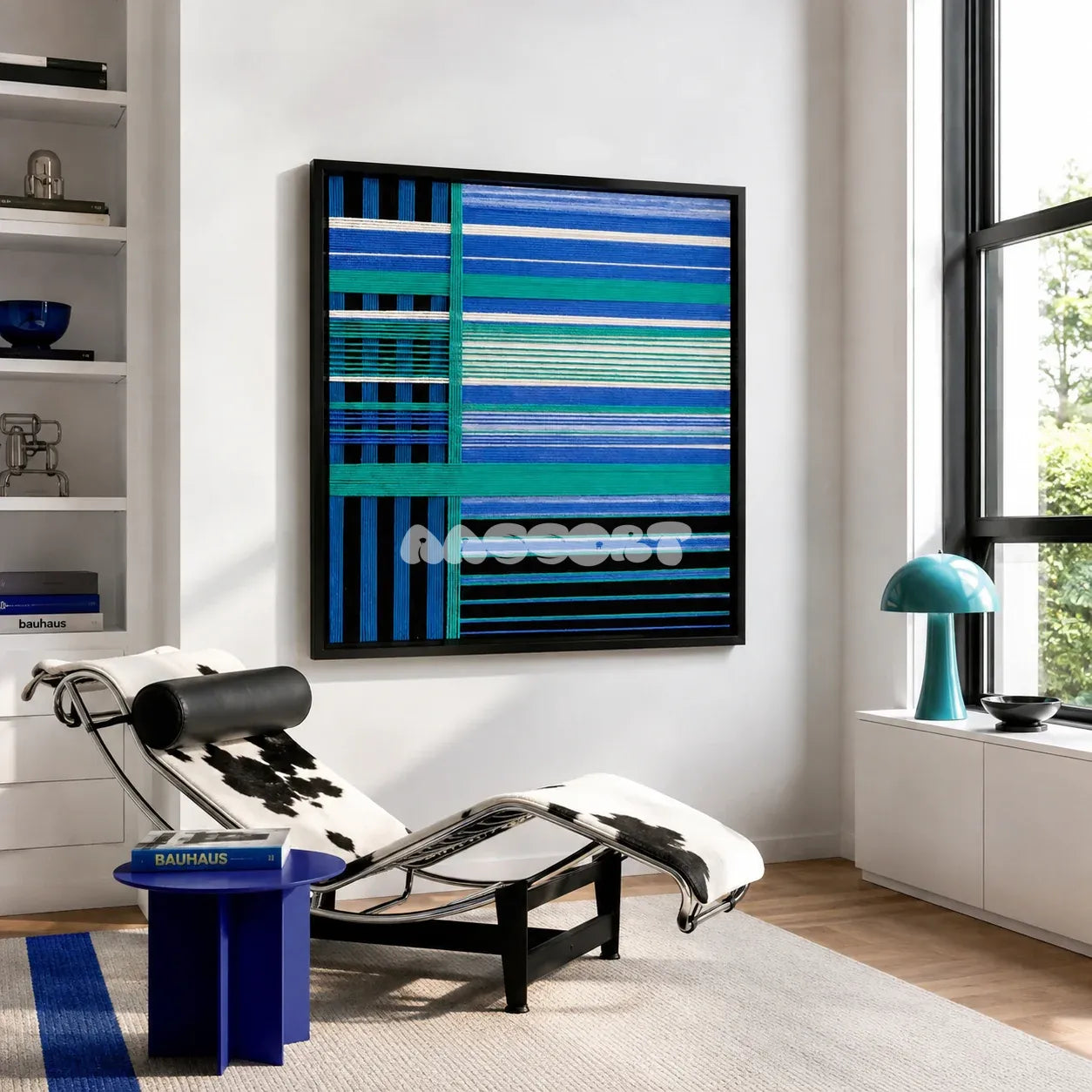 Blues Harmony SQ019 framed geometric yarn art above a black-and-white cowhide chaise in a sunlit reading room