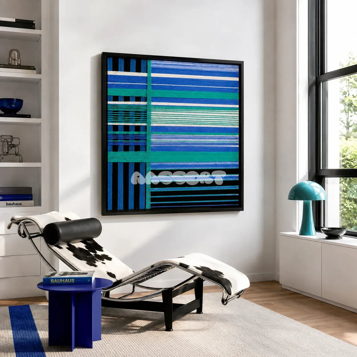 Blues Harmony SQ019 framed geometric yarn art above a black-and-white cowhide chaise in a sunlit reading room