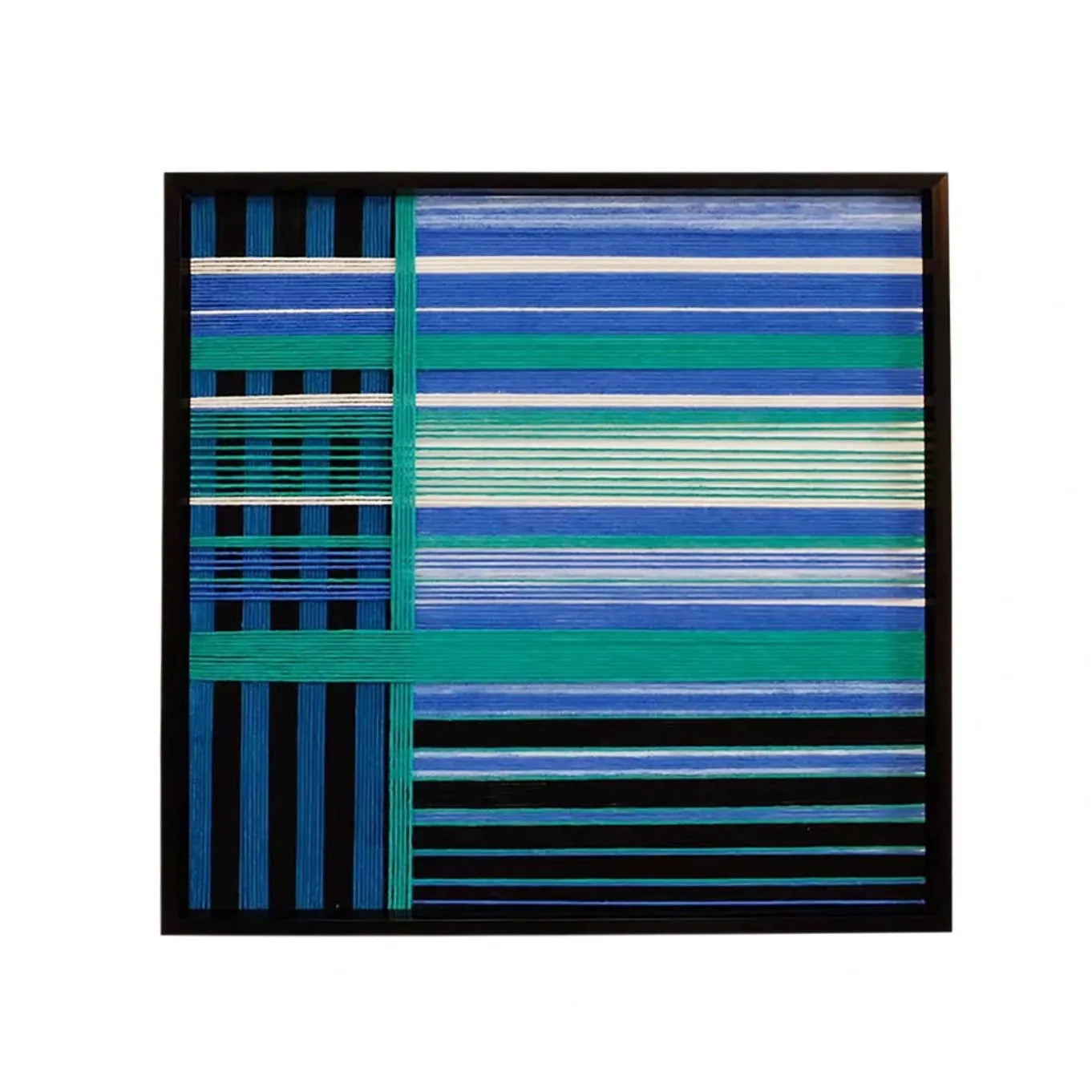 Front view of Blues Harmony SQ019 geometric fiber wall art with blue, teal, white and black yarn lines in a black frame