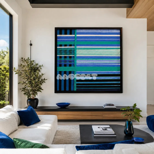 Blues Harmony SQ019 blue, teal, white and black framed yarn art above a white sofa in a modern living room