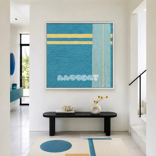 Infinite Serenity SQ020 blue and yellow framed yarn art above a black bench in a bright minimalist entryway