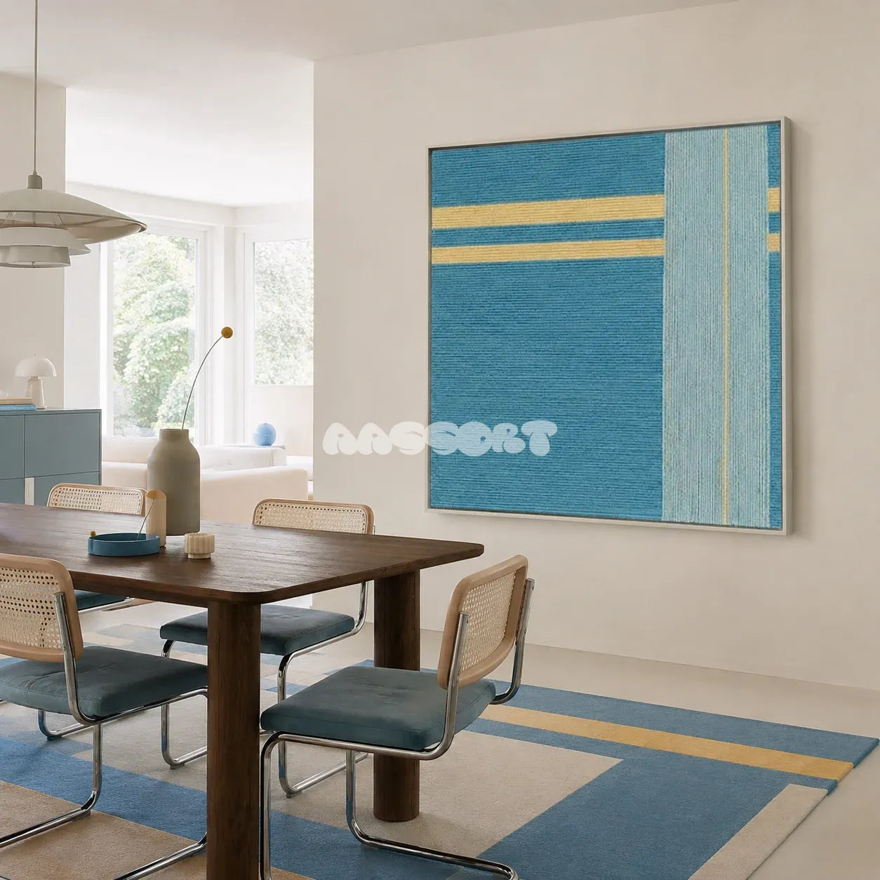 Infinite Serenity SQ020 blue and yellow framed yarn art beside a walnut table in a bright dining room