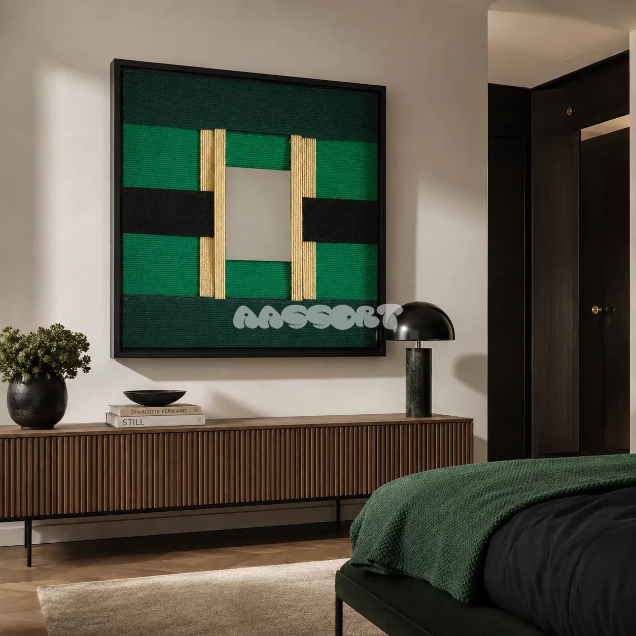 Green Glow SQ021 framed green yarn art above a wood sideboard in a sophisticated modern bedroom