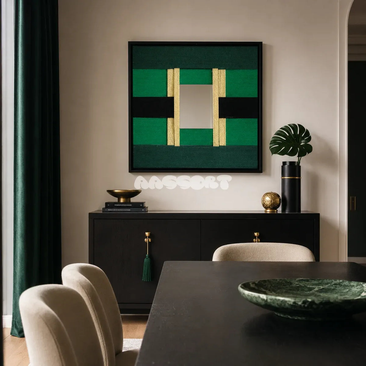 Green Glow SQ021 framed green yarn art above a black cabinet in an elegant dark dining room