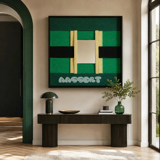 Green Glow SQ021 green and black framed yarn art above a dark console in a bright modern entryway
