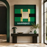 Green Glow SQ021 green and black framed yarn art above a dark console in a bright modern entryway