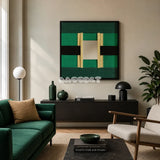 Green Glow SQ021 framed green yarn art above a dark sideboard beside a green sofa in a modern living room