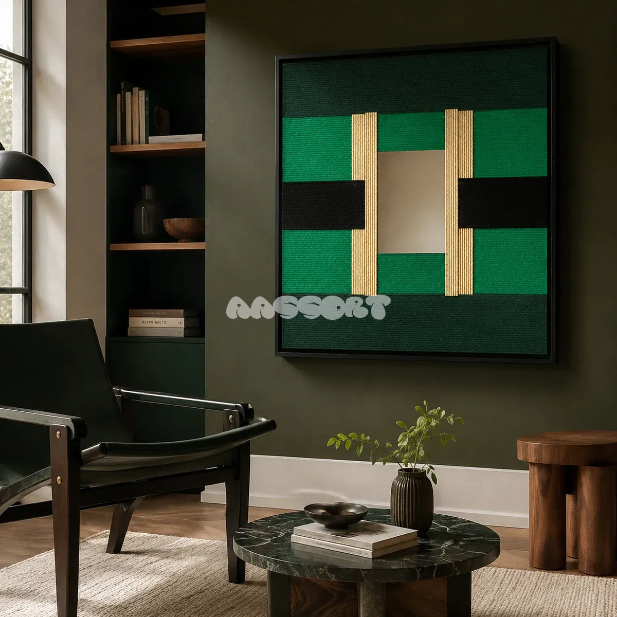 Green Glow SQ021 framed green yarn art beside a black lounge chair in a moody modern reading corner