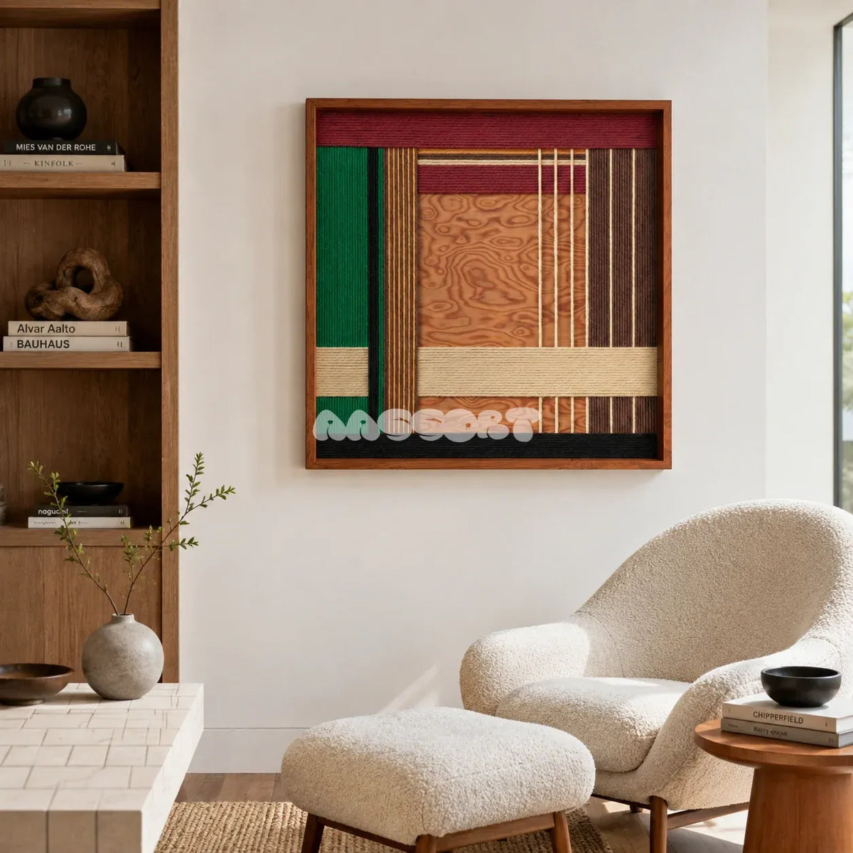 Christmas Melody SQ022 framed yarn and wood art above a white boucle chair in a bright reading corner