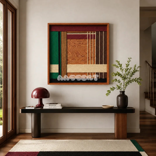 Christmas Melody SQ022 red green and wood framed yarn art above a dark console in a warm modern entryway