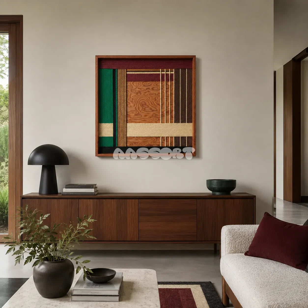 Christmas Melody SQ022 framed yarn and wood art above a walnut sideboard in a bright modern living room