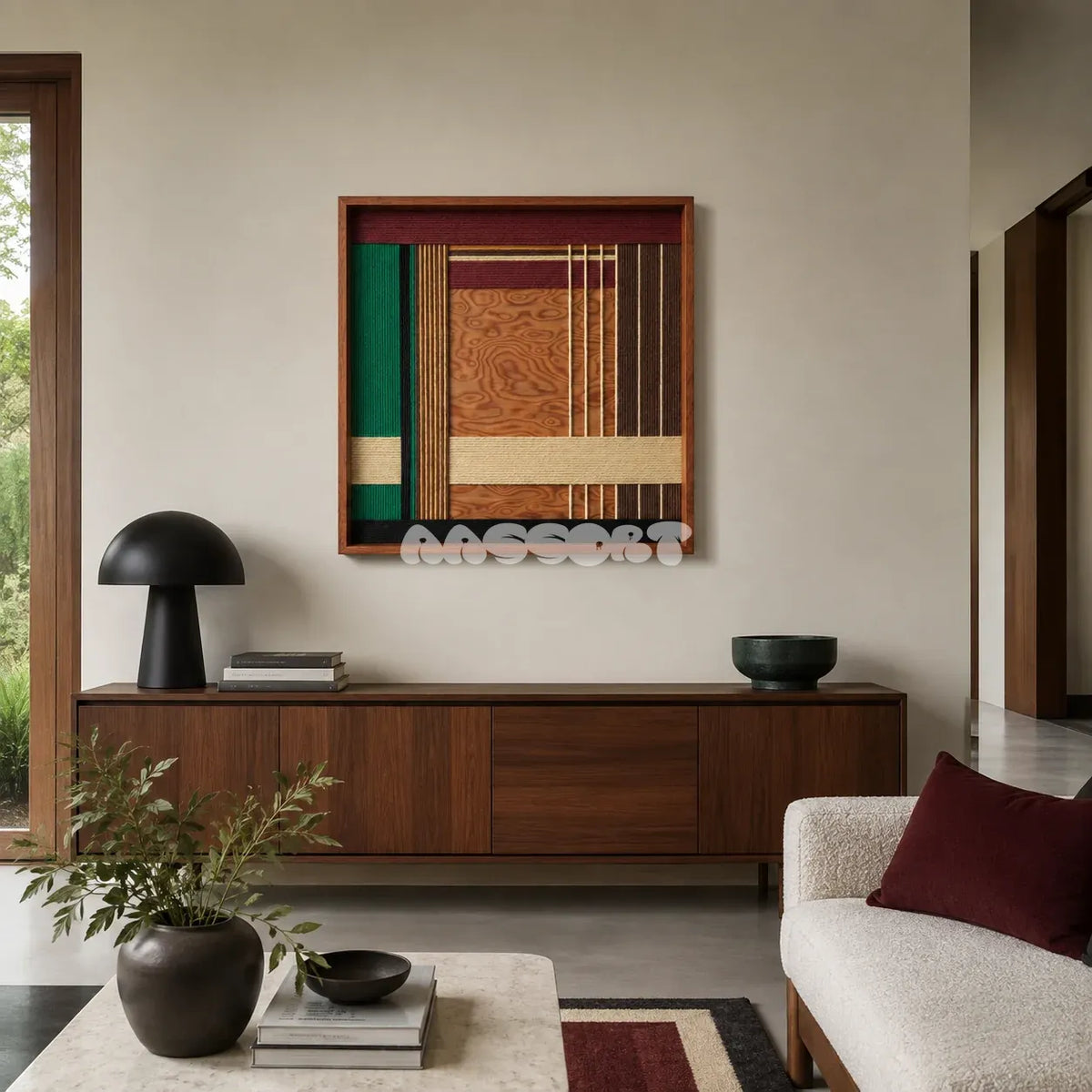 Christmas Melody SQ022 framed yarn and wood art above a walnut sideboard in a bright modern living room
