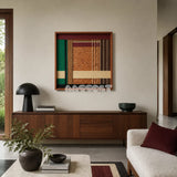 Christmas Melody SQ022 framed yarn and wood art above a walnut sideboard in a bright modern living room
