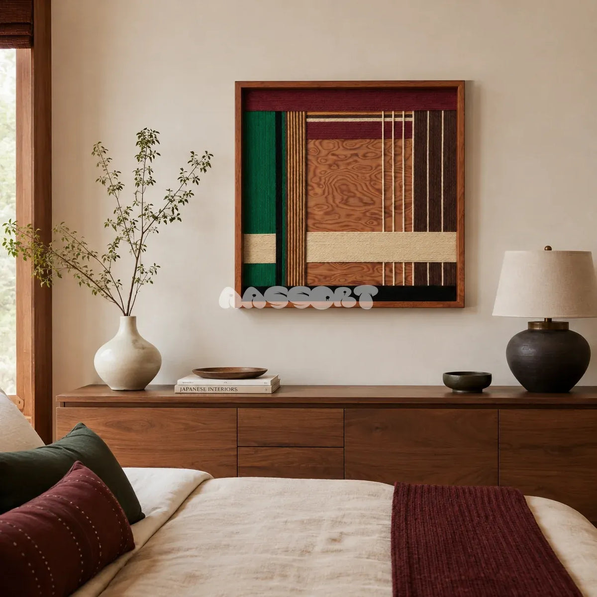 Christmas Melody SQ022 framed yarn and wood art above a walnut dresser in a warm neutral bedroom