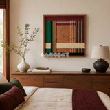 Christmas Melody SQ022 framed yarn and wood art above a walnut dresser in a warm neutral bedroom