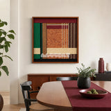 Christmas Melody SQ022 red green and wood framed yarn art above a sideboard in a warm modern dining room