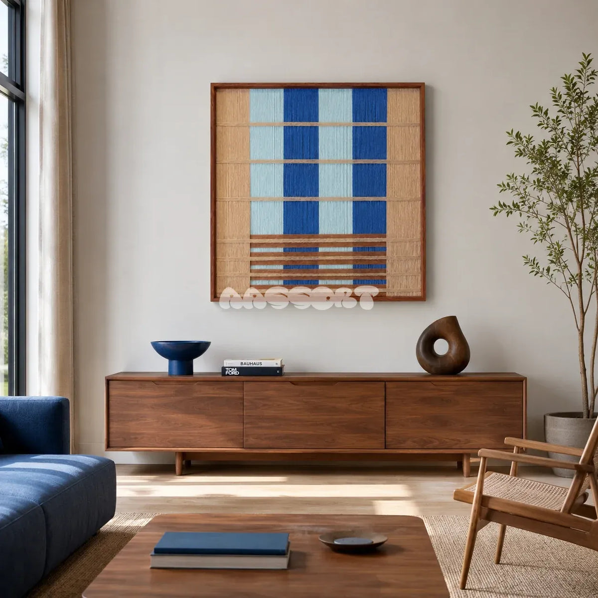Mountain and River SQ023 blue and beige framed yarn art above a walnut sideboard in a bright living room