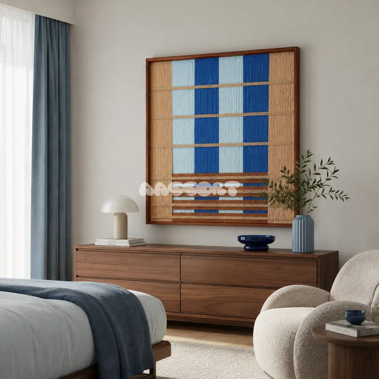 Mountain and River SQ023 blue and beige framed yarn art above a walnut dresser in a calm modern bedroom