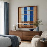 Mountain and River SQ023 blue and beige framed yarn art above a walnut dresser in a calm modern bedroom