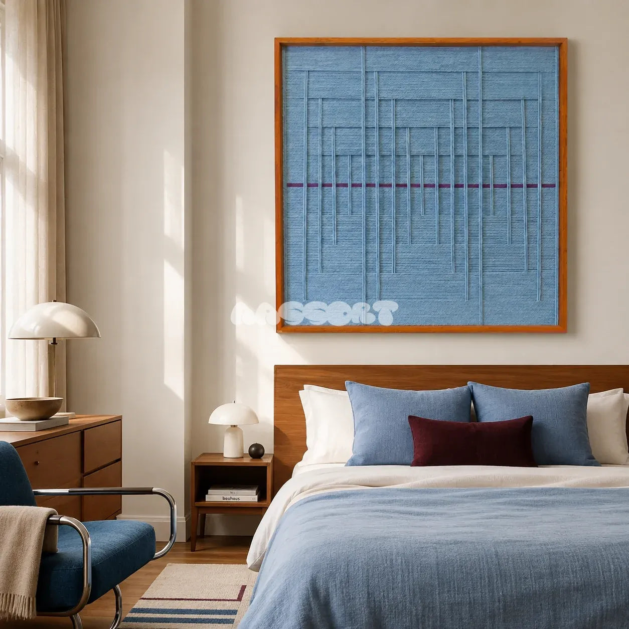 Blue Bridge Over the Pond SQ024 light blue framed yarn art above a wood bed in a serene blue bedroom
