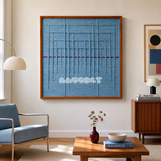 Blue Bridge Over the Pond SQ024 light blue framed yarn art above a blue armchair in a bright modern living room