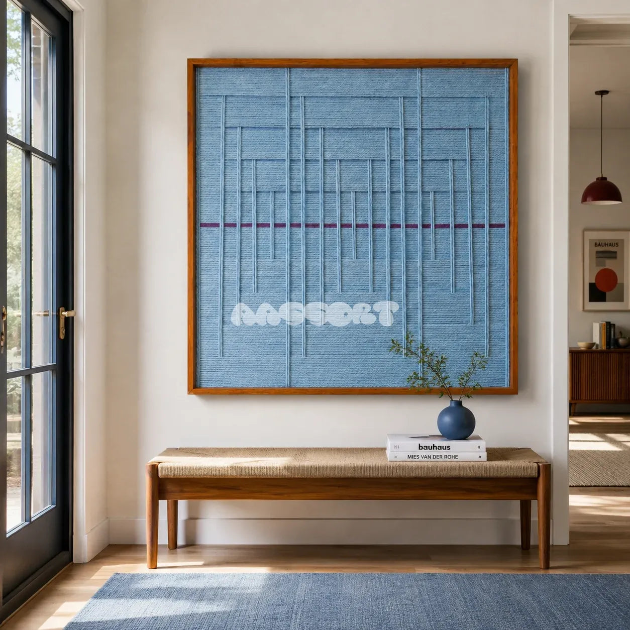 Blue Bridge Over the Pond SQ024 light blue framed yarn art above a woven bench in a bright modern entryway