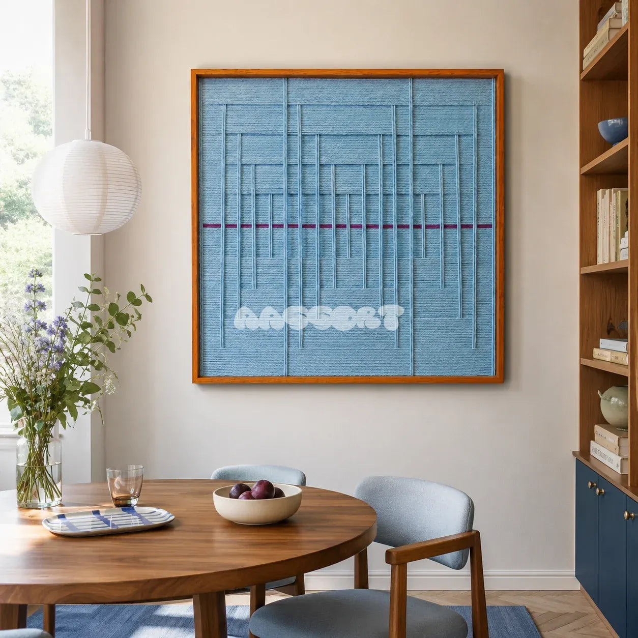 Blue Bridge Over the Pond SQ024 light blue framed yarn art above a round wood table in a sunlit dining room