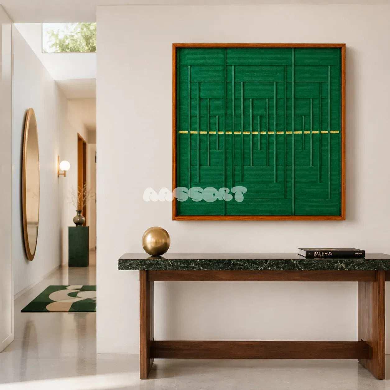 Green Shadow Weave SQ025 emerald green framed yarn art above a marble console in a minimalist entryway